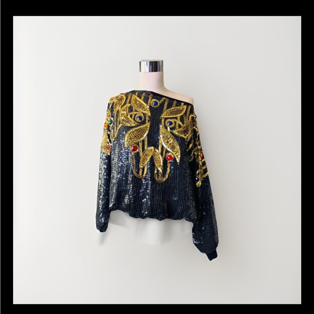 Vintage‎ 80's Silk, Sequin and Rhinestone Creative Creations Disco Glam Blouse - Picture 11 of 14